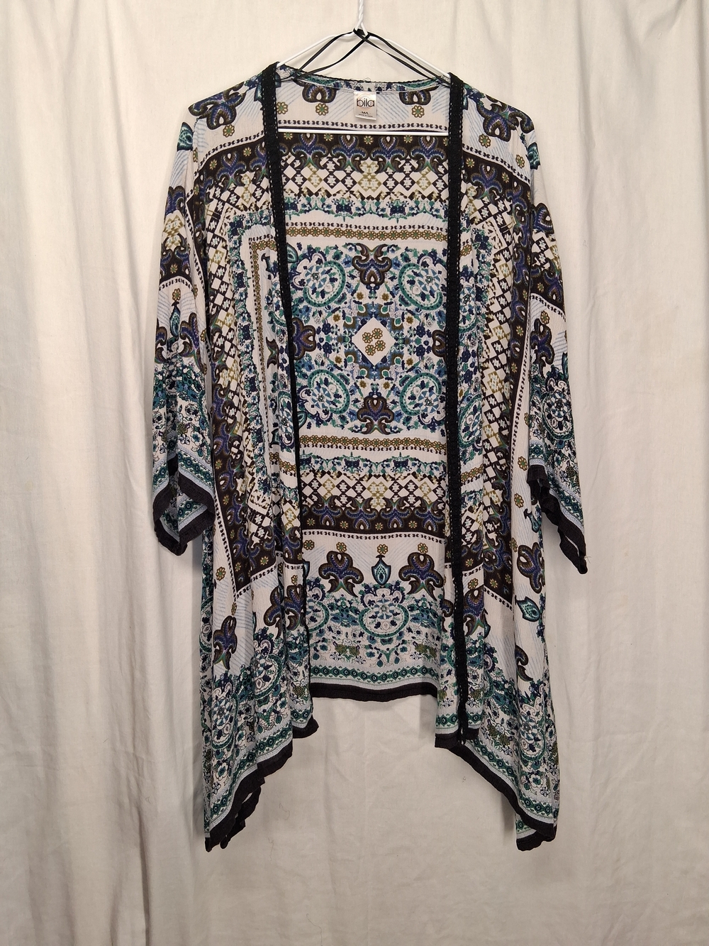 Bila Open-Front Printed Kimono in Teal, Navy and White